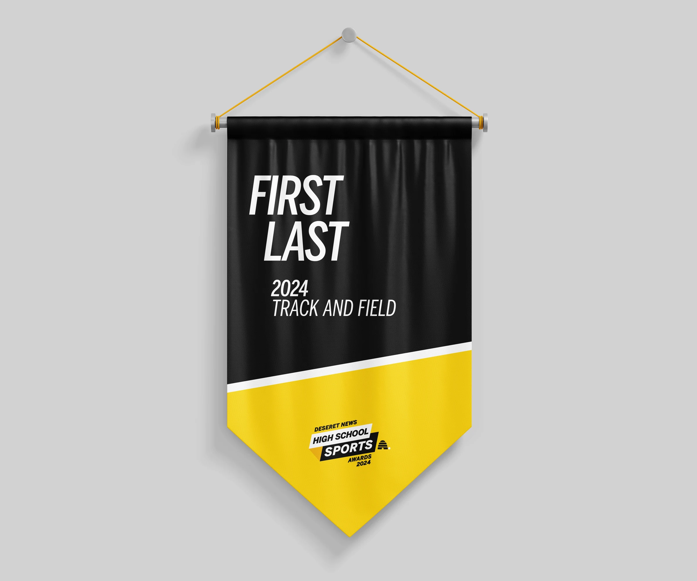 Black hanging banner mockup with white athlete typography and a yellow awards logo panel