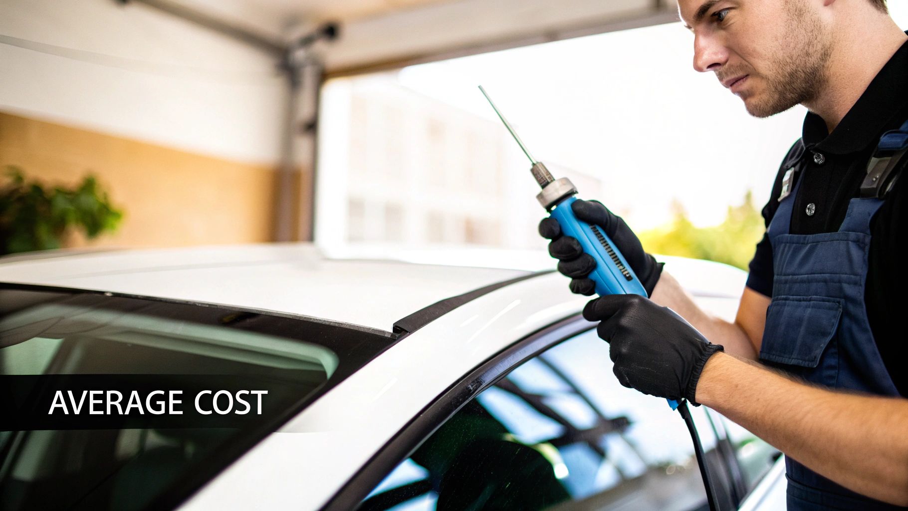 A technician repairing a chipped windshield on a modern car