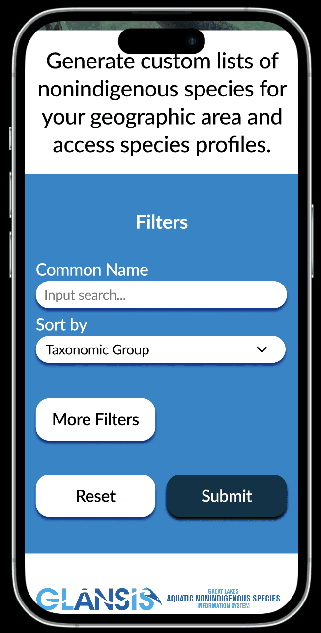 iphone mockup of the species list generator page for the GLANSIS website