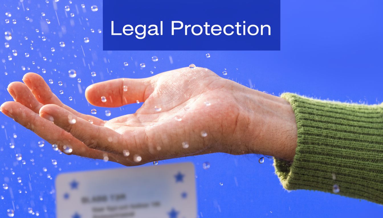 A close up view of a person's hand reaching out into rain against a bright blue background.