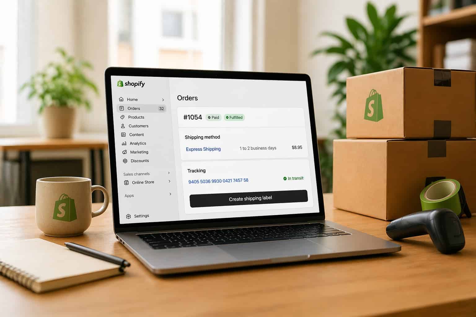 Laptop displaying Shopify orders dashboard on a desk with shipping boxes, tape, and packaging supplies in a small business workspace