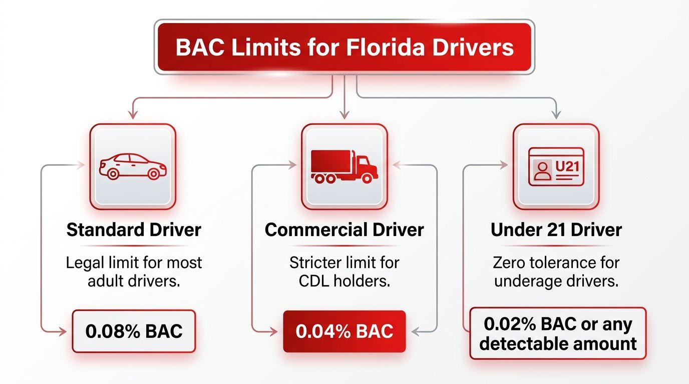 A chart showing Blood Alcohol Concentration limits for standard, commercial, and under 21 drivers in Florida.