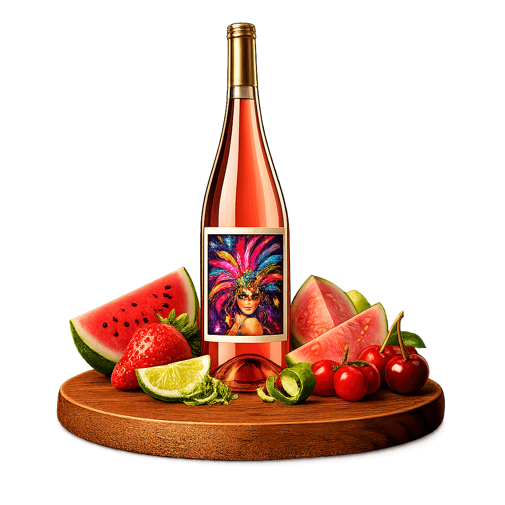 Artistic label and flavor profile for Brazilian Rosé on a rustic wooden table.