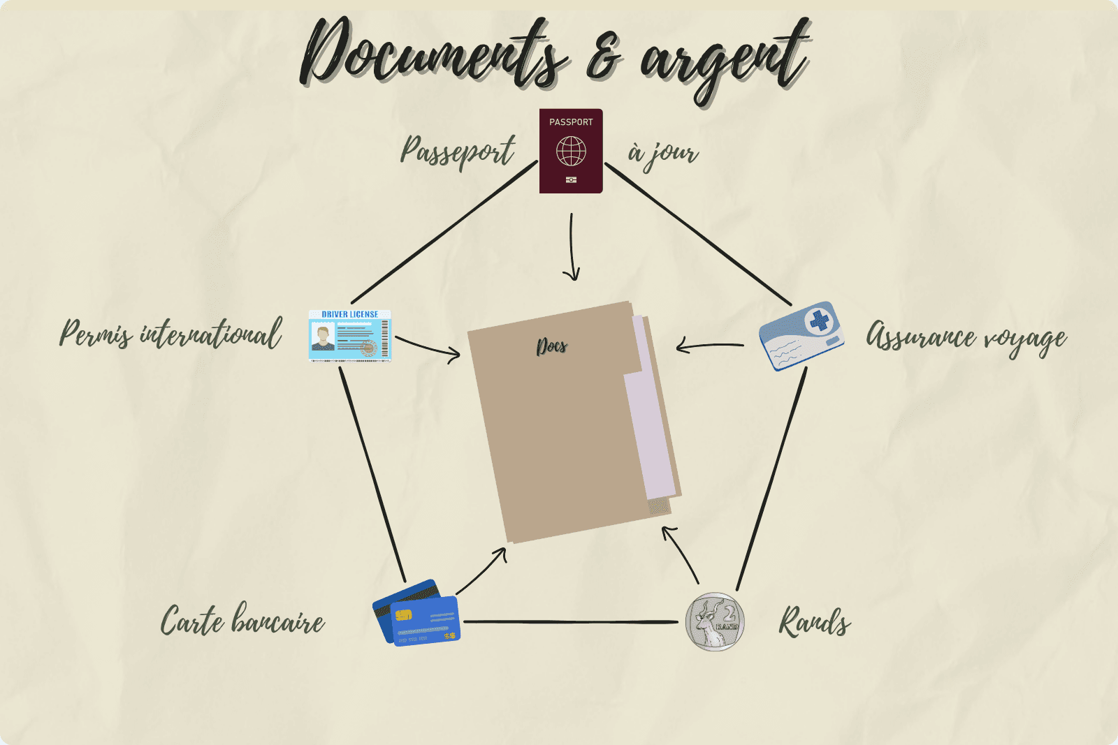 Illustration des documents essentiels pour un safari en Afrique du Sud : passeport, permis international, assurance voyage, carte bancaire et monnaie locale.