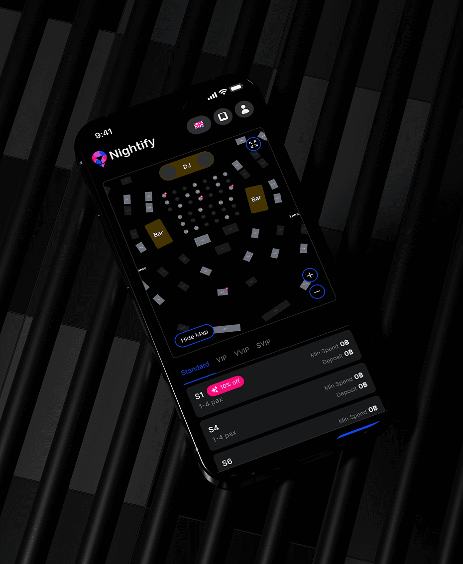 iPhone mockup of the Nightify mobile venue page. Displays a streamlined user interface with a 4.5-star rating, pricing indicators, nearest BTS station info (Phrom Phong), and a "Casual" dress code tag for an optimized mobile booking experience.