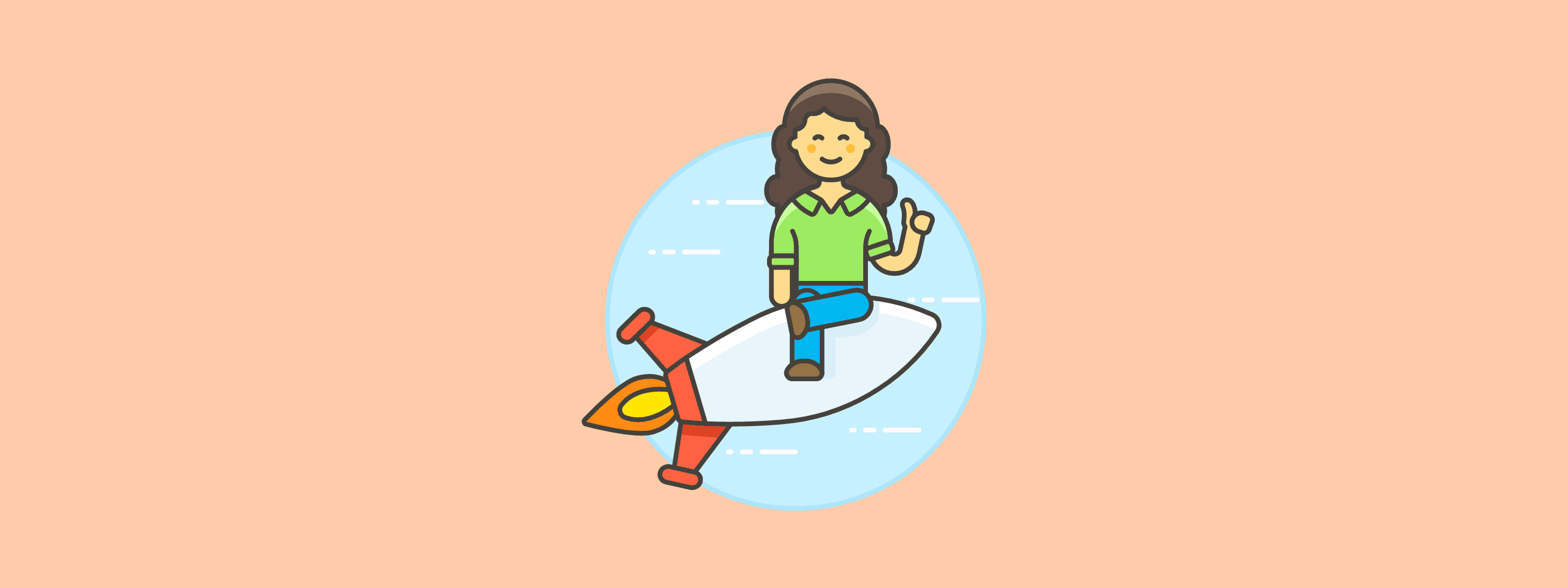A graphic of a smiling woman giving a thumbs-up while riding on top of a flying rocket ship