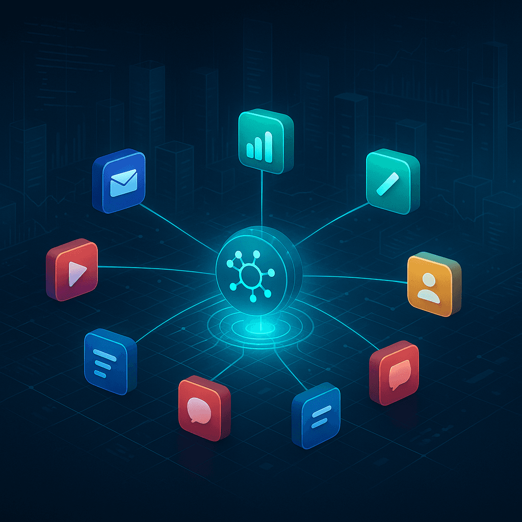 Futuristic visualization of AI-powered no-code integrations connecting multiple digital systems across a glowing data network.