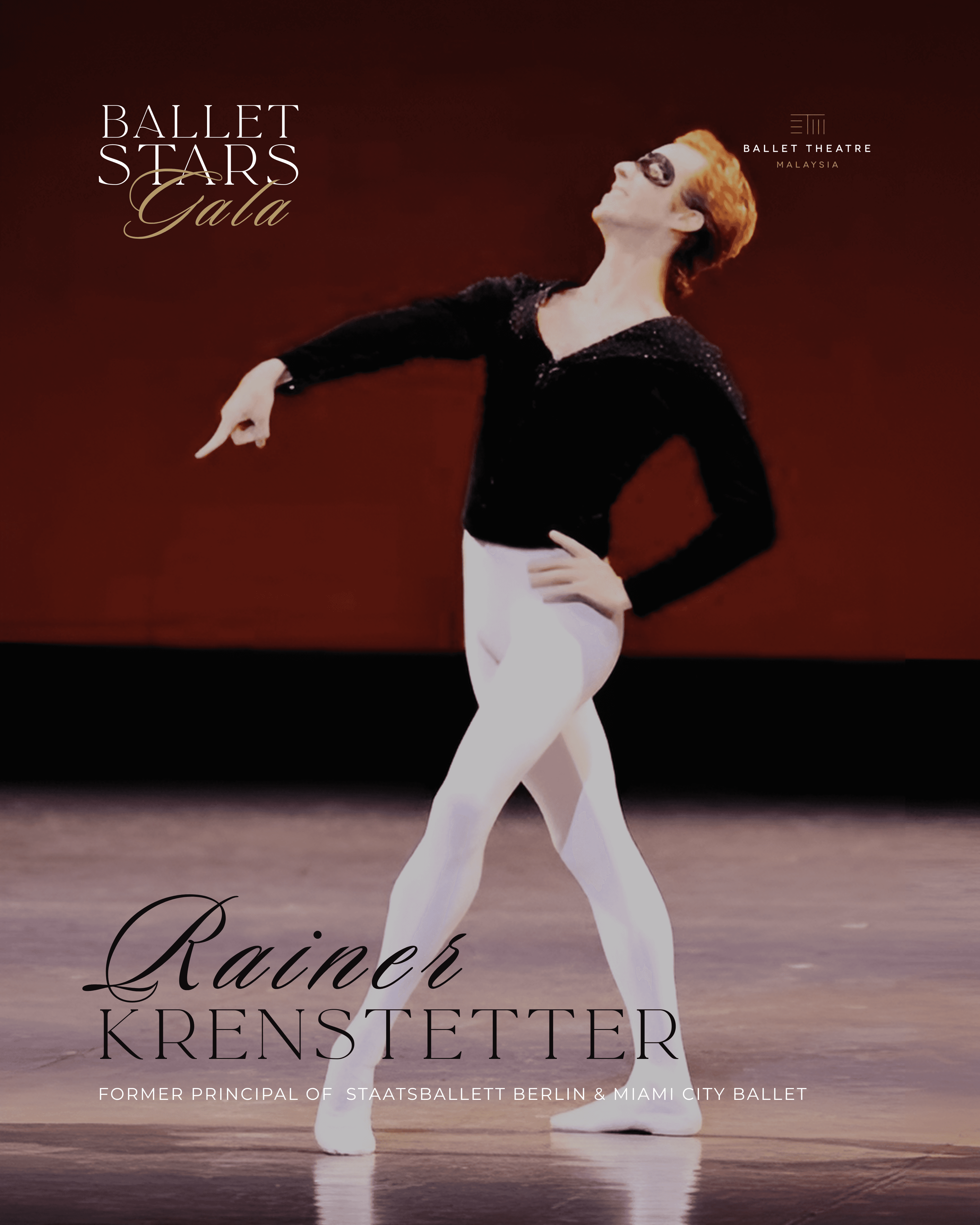 A male ballet dancer in a black sequined top and white tights performs on stage, striking an elegant pose. The background is a warm, solid color, and text indicating 'Ballet Stars Gala' and the name 'Rainer Krenstetter' is overlaid on the image.
