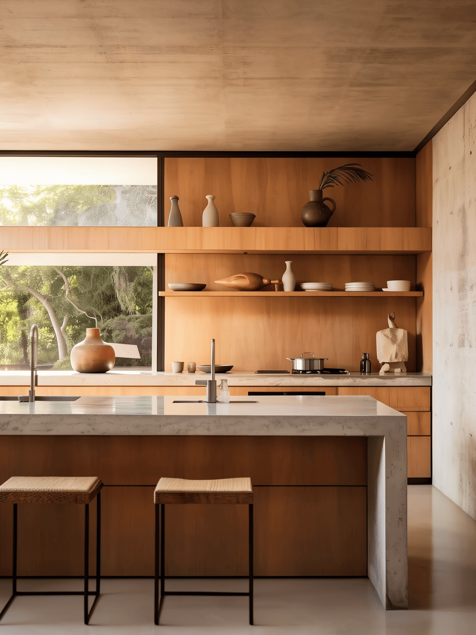 Modern wood kitchen interior with minimalist cabinetry and clean lines - AI generated image