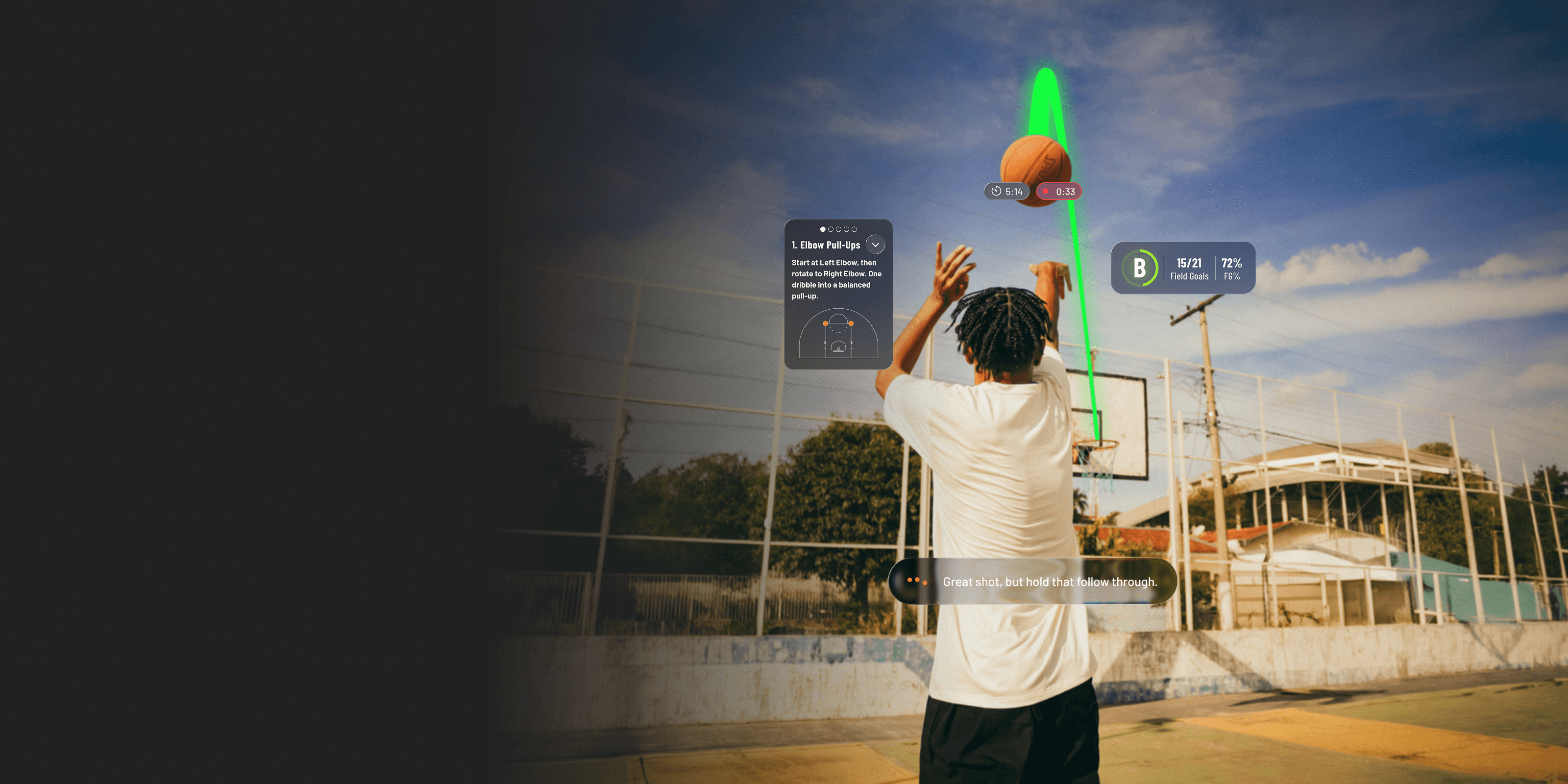 Trainify AI's in-workout user interface showcased over a young athlete shooting a basketball