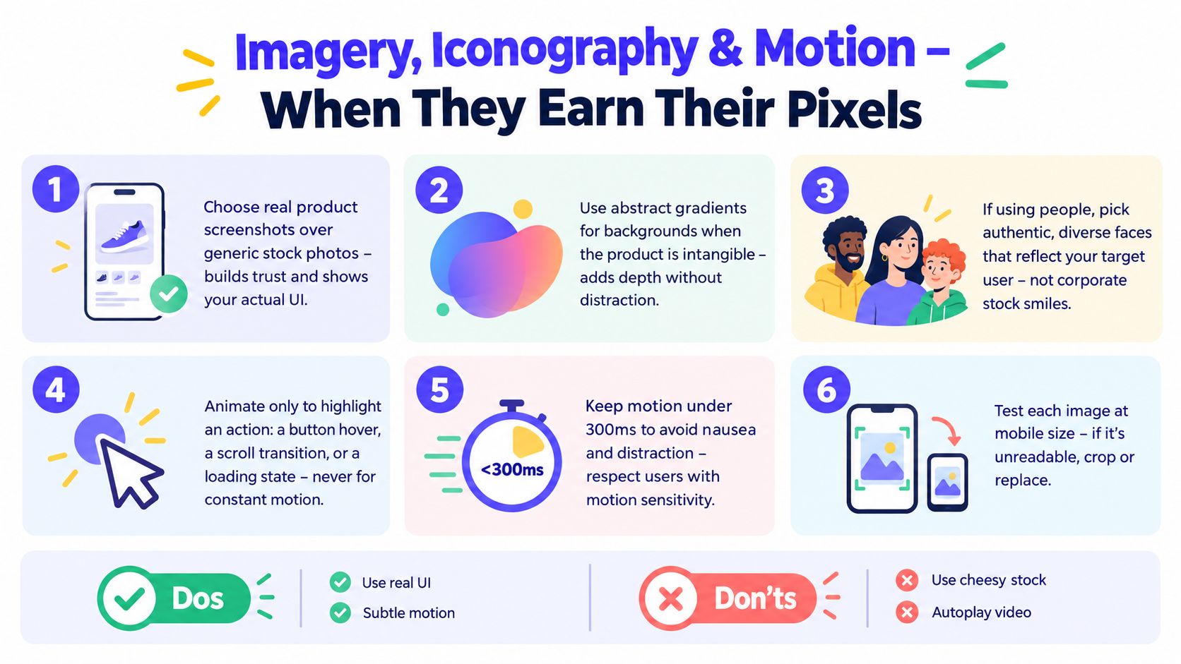 An infographic titled Imagery, Iconography & Motion displaying six numbered tips for effective web design practices.