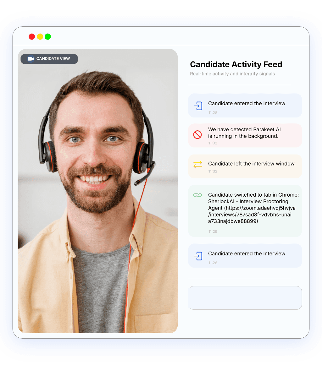Illustrative Sherlock live interview proctoring interface showing candidate video and a real-time activity feed