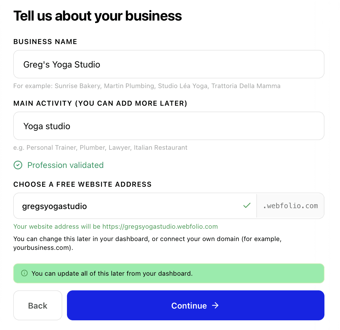 Screenshot of webfolio website builder questionnaire