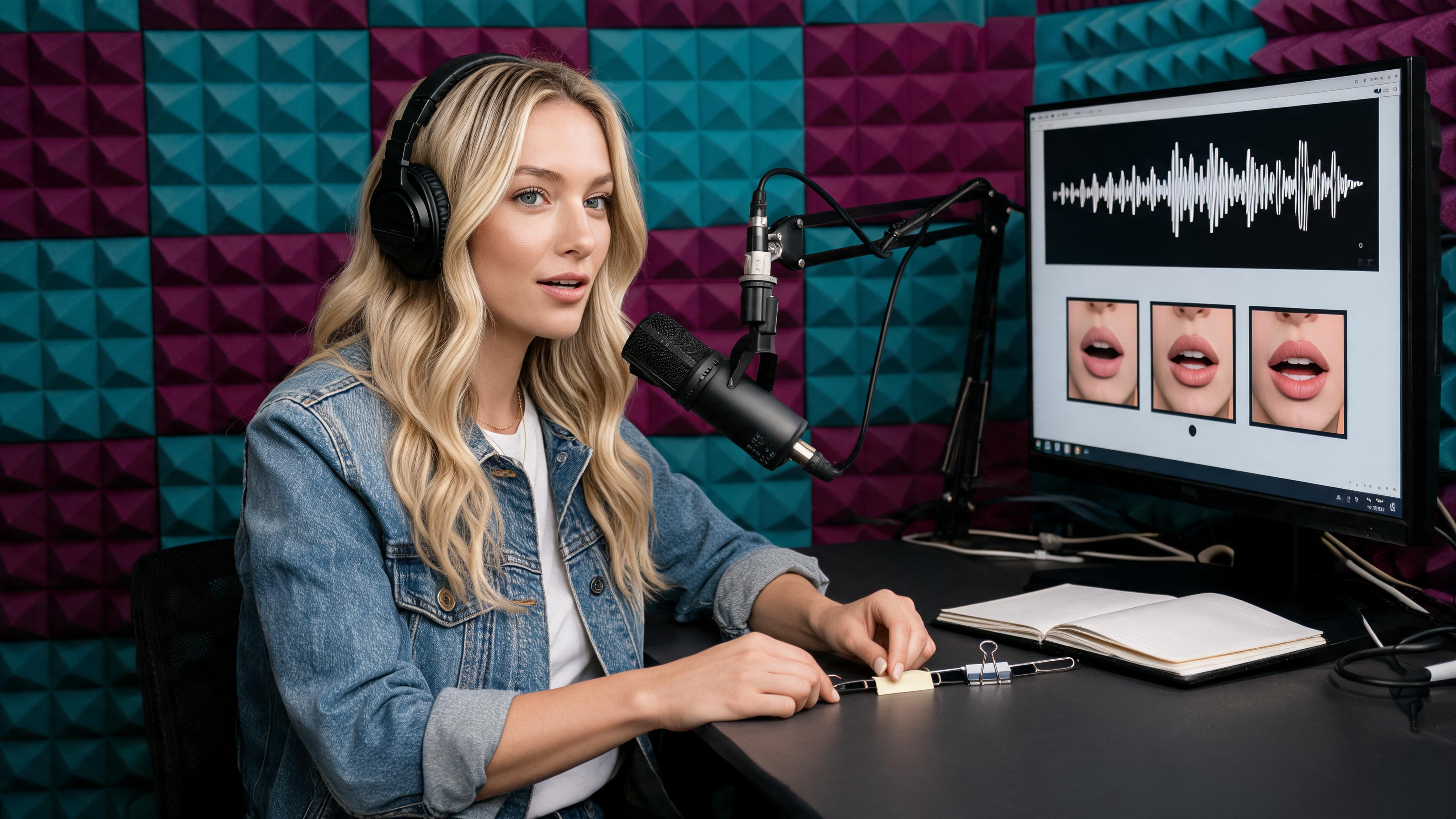 Avatar-video producer reviewing a voice-to-avatar handoff in a sound studio