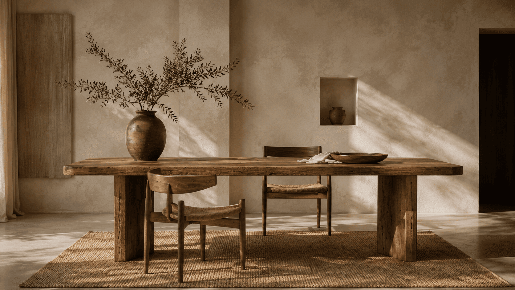 Serene rustic dining space with sunlight