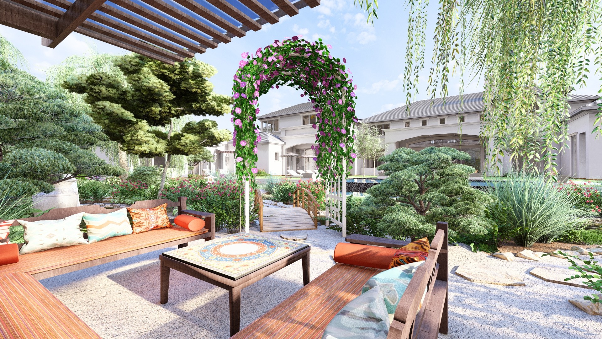 Garden design with seating and lounge area with various decorative pillows