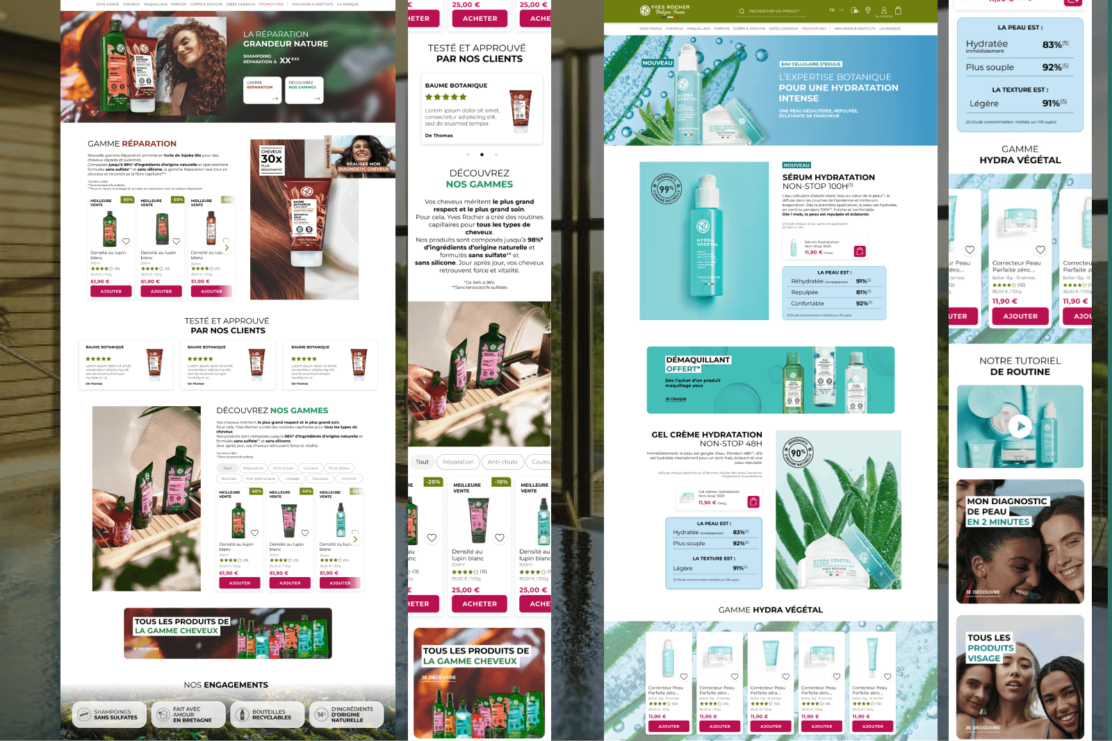 Refonte des pages catégories et gammes Yves Rocher : pages cheveux, visage et hydratation en desktop et mobile