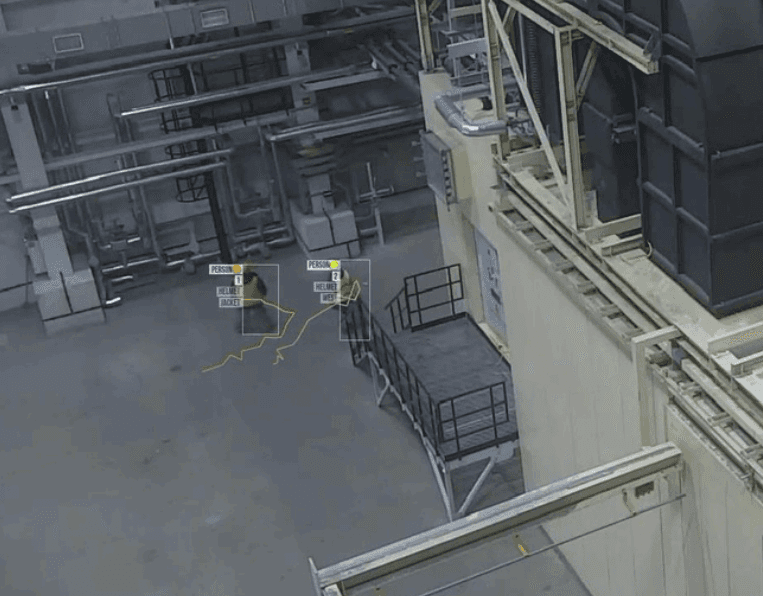 AI surveillance system monitoring warehouse operations to detect perimeter breaches, employee movement, and inventory activity in real time