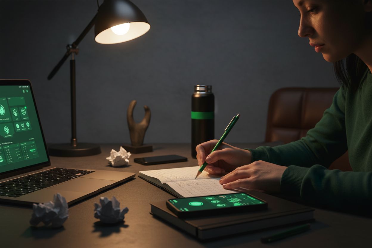 Person planning weekly workouts with a phone and notebook