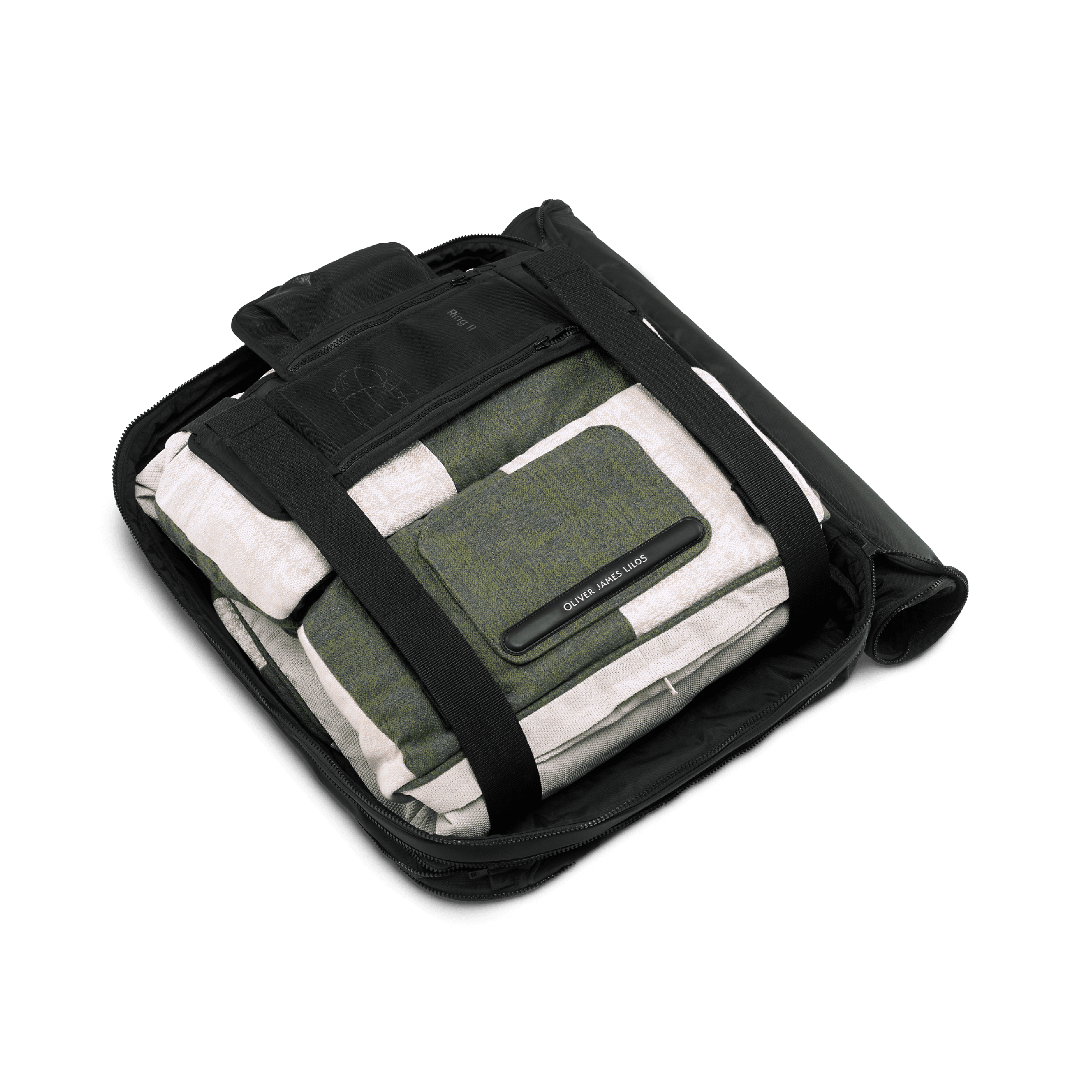 Green patchwork lilo folded in its structured black travel case with branded label and securing straps