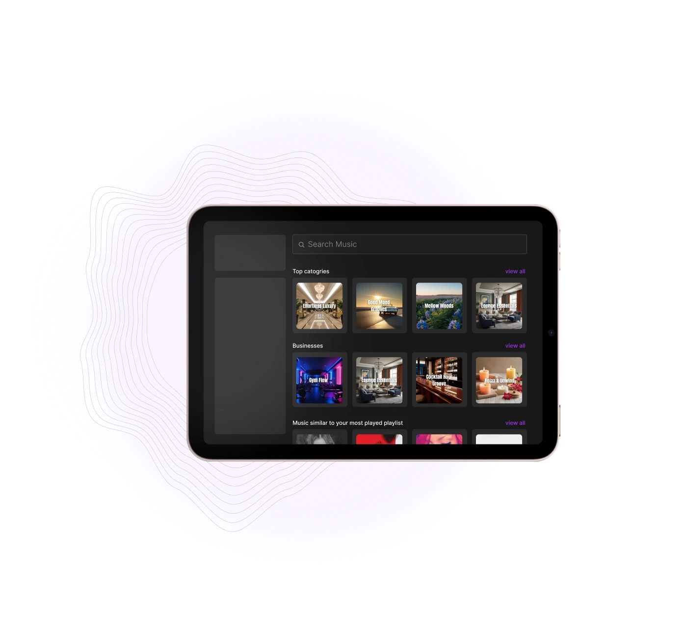 A tablet displaying a selection of apps or media content on its screen against a soft purple background.