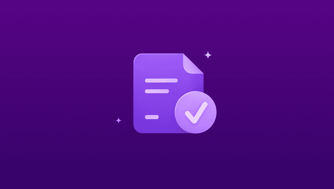 Document icon with a tick next to it on a purple background