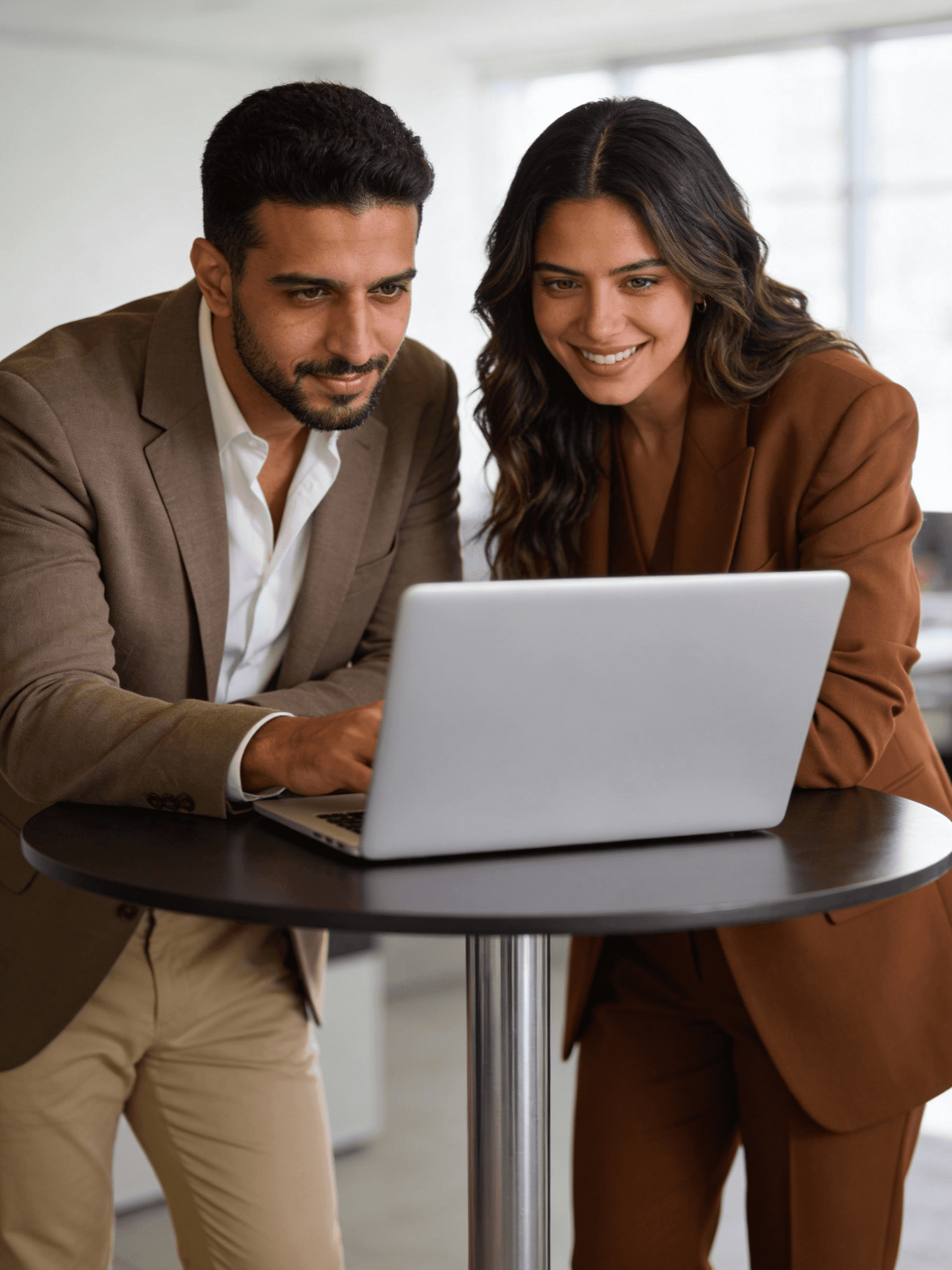 Two professionals collaborate at a laptop in a modern office, dressed in business attire, engaged in a productive discussion.