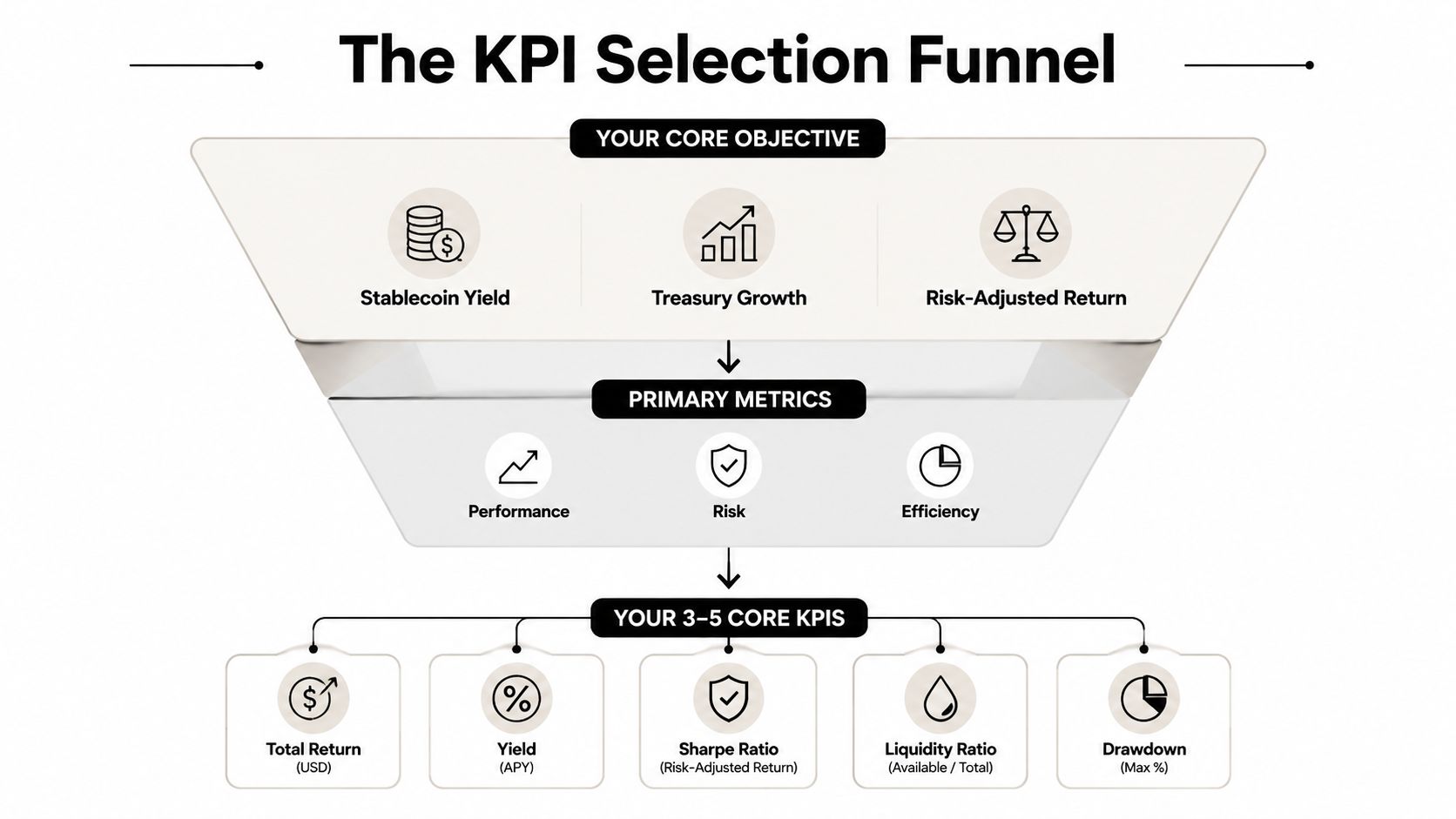 A diagram titled The KPI Selection Funnel illustrating the progression from core objectives to primary metrics and specific KPIs.