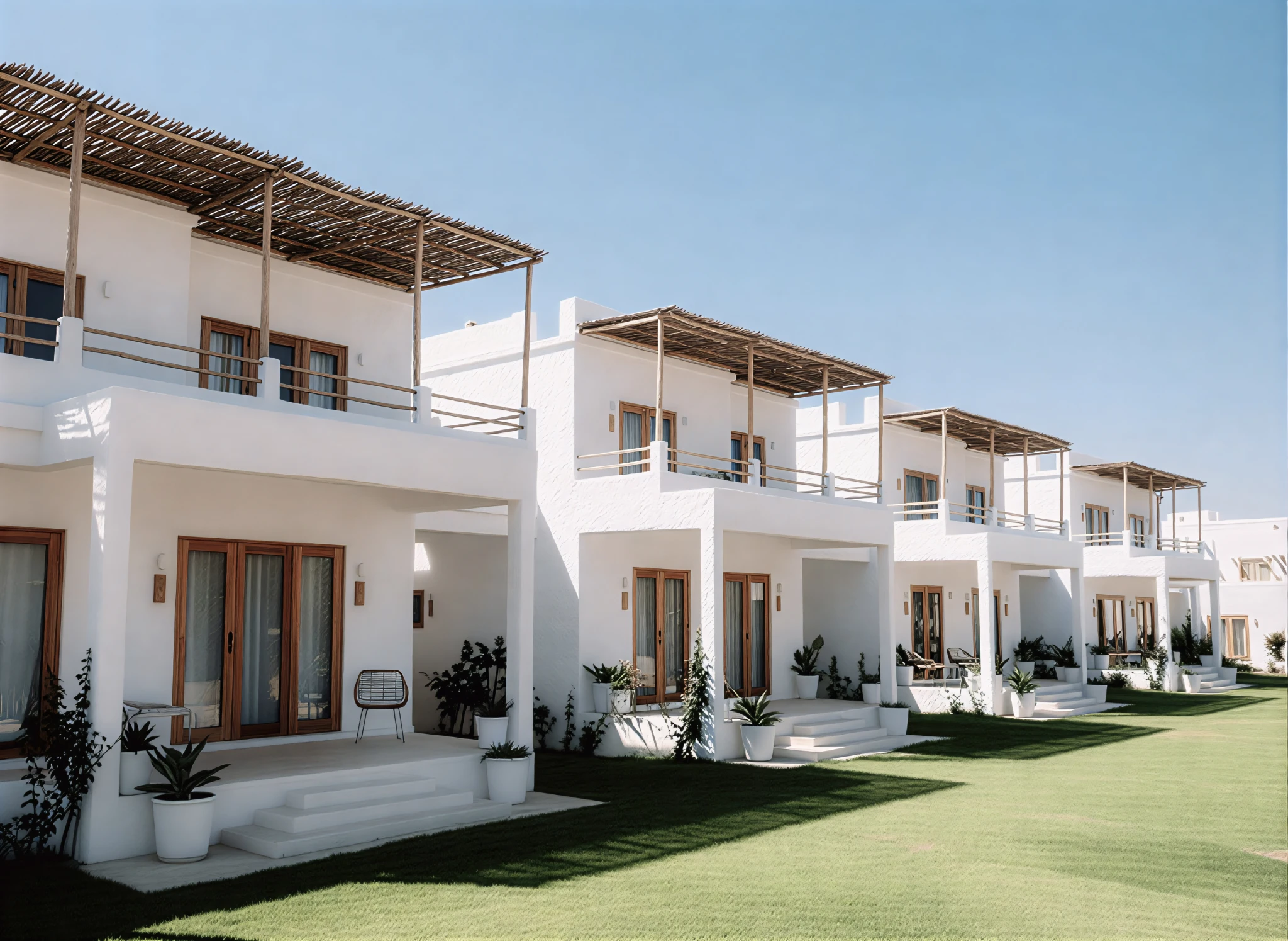 Row of modern white villas with balconies, surrounded by green grass under a clear blue sky.