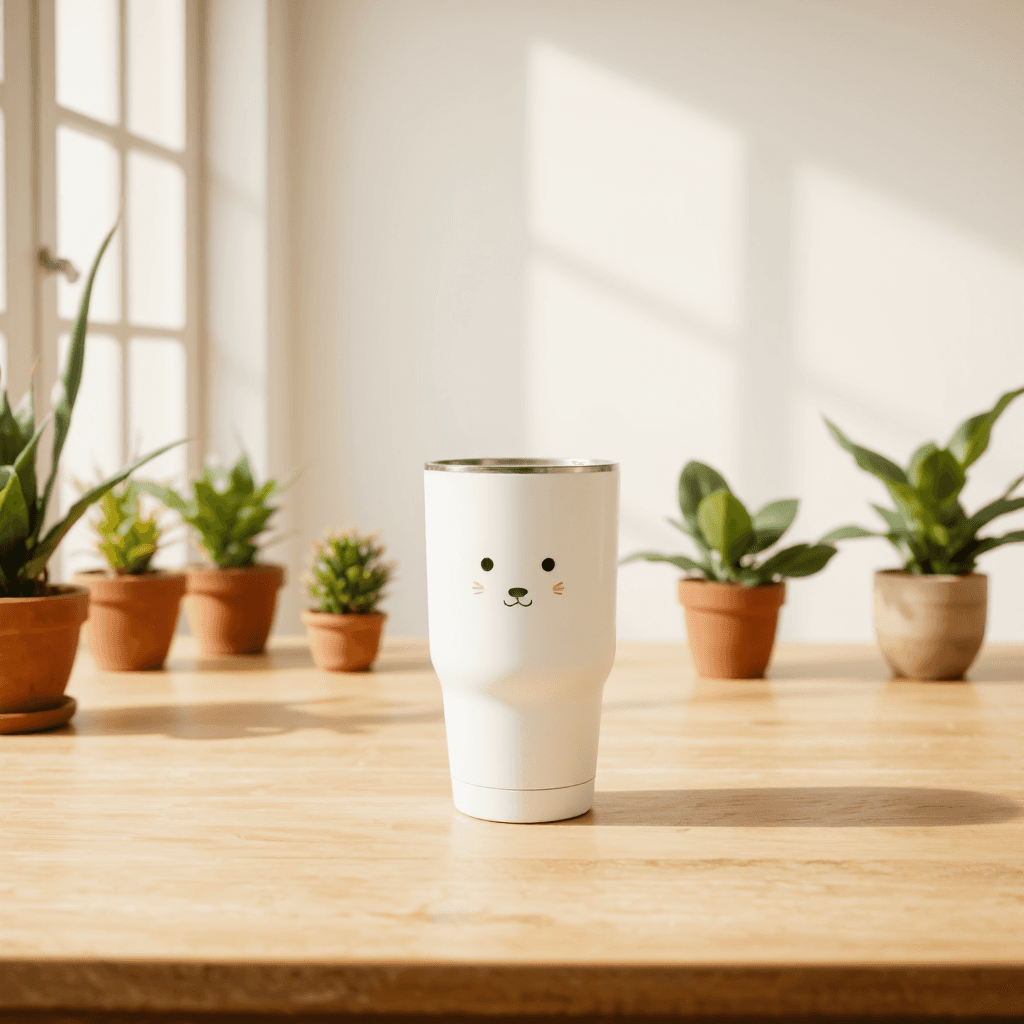 product photography of a travel mug with a cute animal design, used for beverages