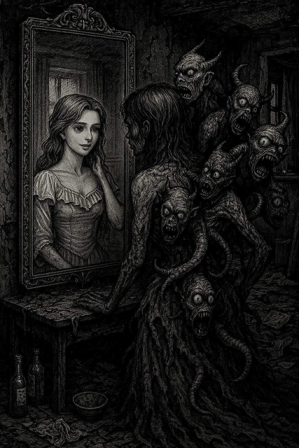 A woman looking at her beautiful reflection in the mirror unable to see the reality of her being consumed by demons attached to her