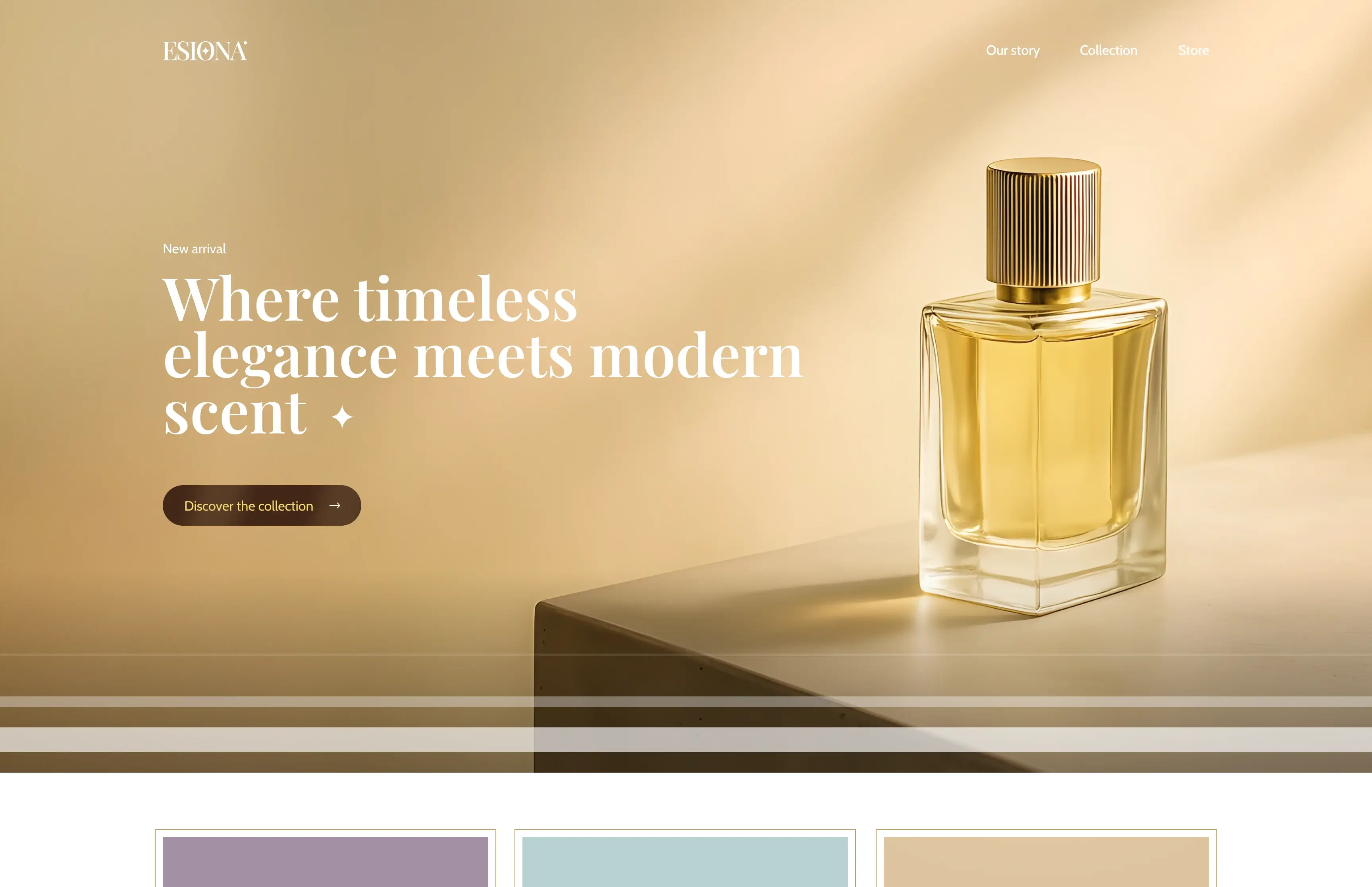 Hero image of a luxury perfume bottle placed on a minimal beige surface with soft warm lighting and elegant serif headline text on the left.