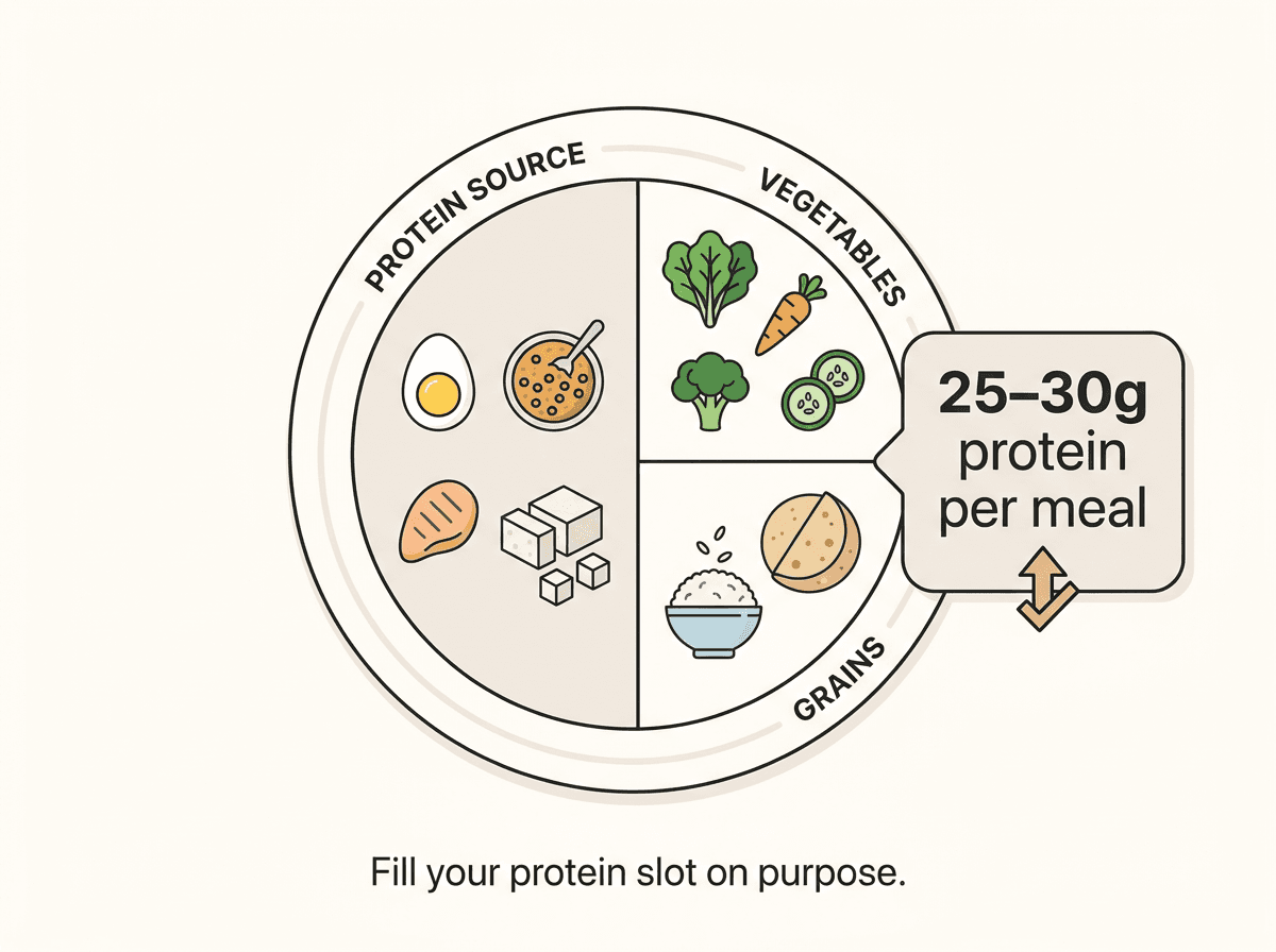 High protein meal plate infographic showing protein sources, vegetables, and grains