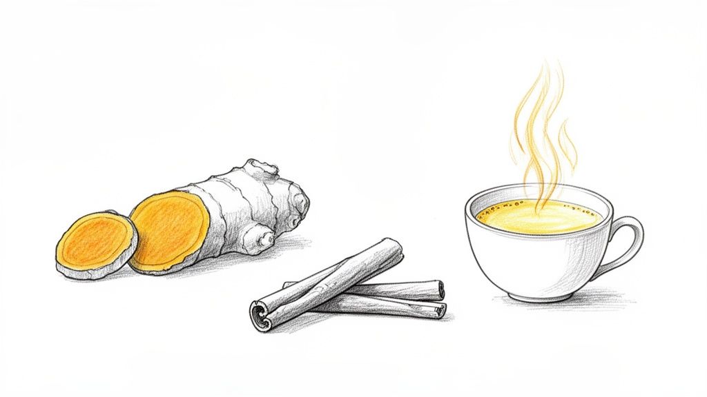 Pencil drawing of turmeric root, cinnamon sticks, and a steaming cup of golden milk.