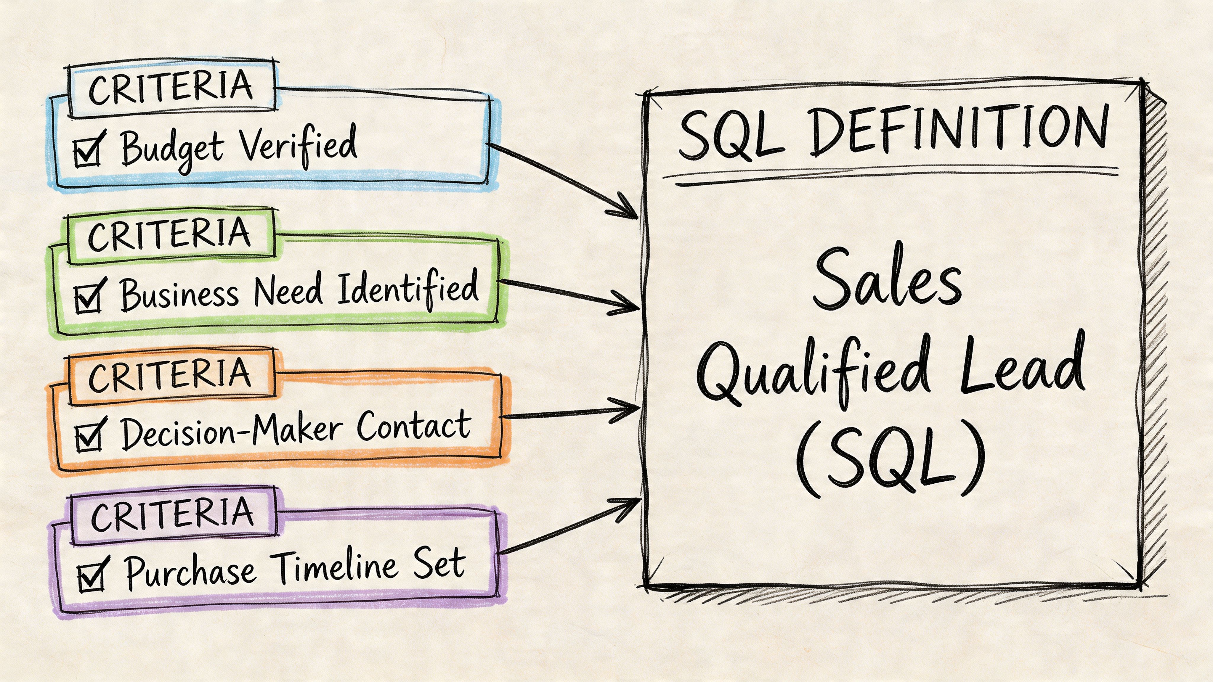 A diagram defining a Sales Qualified Lead (SQL) by four criteria: budget, need, contact, and timeline.