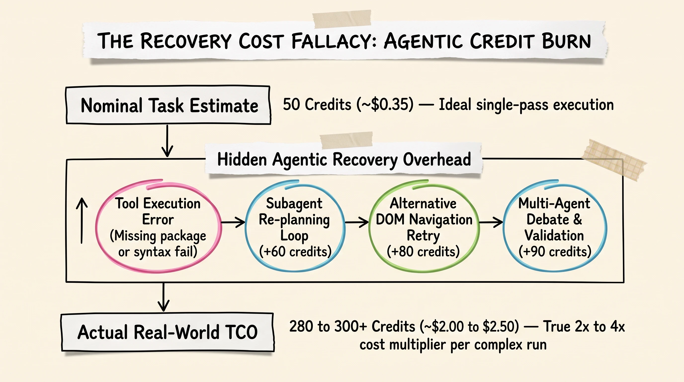 Scrapbook diagram illustrating the credit burn recovery cost fallacy and multi agent loop TCO