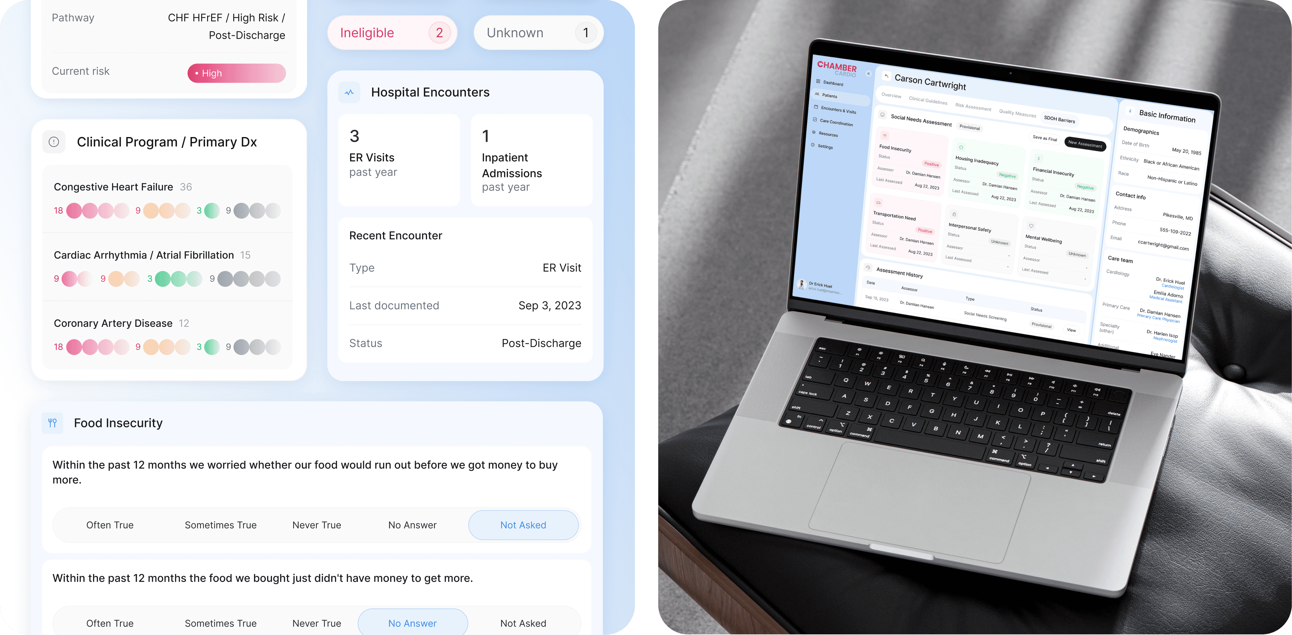 A medical dashboard interface displaying various patient health data. Key sections include: Pathway: CHF HFrEF / High Risk / Post-Discharge, indicating a high-risk patient with Congestive Heart Failure. Risk Level: Marked as "High" with a pink indicator. Clinical Program / Primary Dx: Displays the conditions "Congestive Heart Failure," "Cardiac Arrhythmia / Atrial Fibrillation," and "Coronary Artery Disease" with color-coded risk levels (red, yellow, green, and grey circles) showing the severity and status of each condition. Hospital Encounters: Shows "3 ER Visits" and "1 Inpatient Admission" in the past year, with details of the most recent encounter being an ER visit on September 3, 2023, labeled as "Post-Discharge." Food Insecurity: Questions related to food insecurity within the past 12 months. The user can select from options such as "Often True," "Sometimes True," "Never True," "No Answer," and "Not Asked." The design uses light colors and minimalistic icons, providing a clear, organized view of the patient's medical history and risk factors. It highlights patient social barriers such as food insecurity in addition to clinical data. The user interface is structured for healthcare providers to make quick, informed decisions.