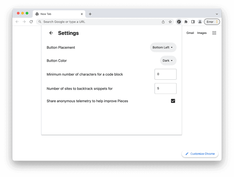 The updated Pieces Web Extension settings.