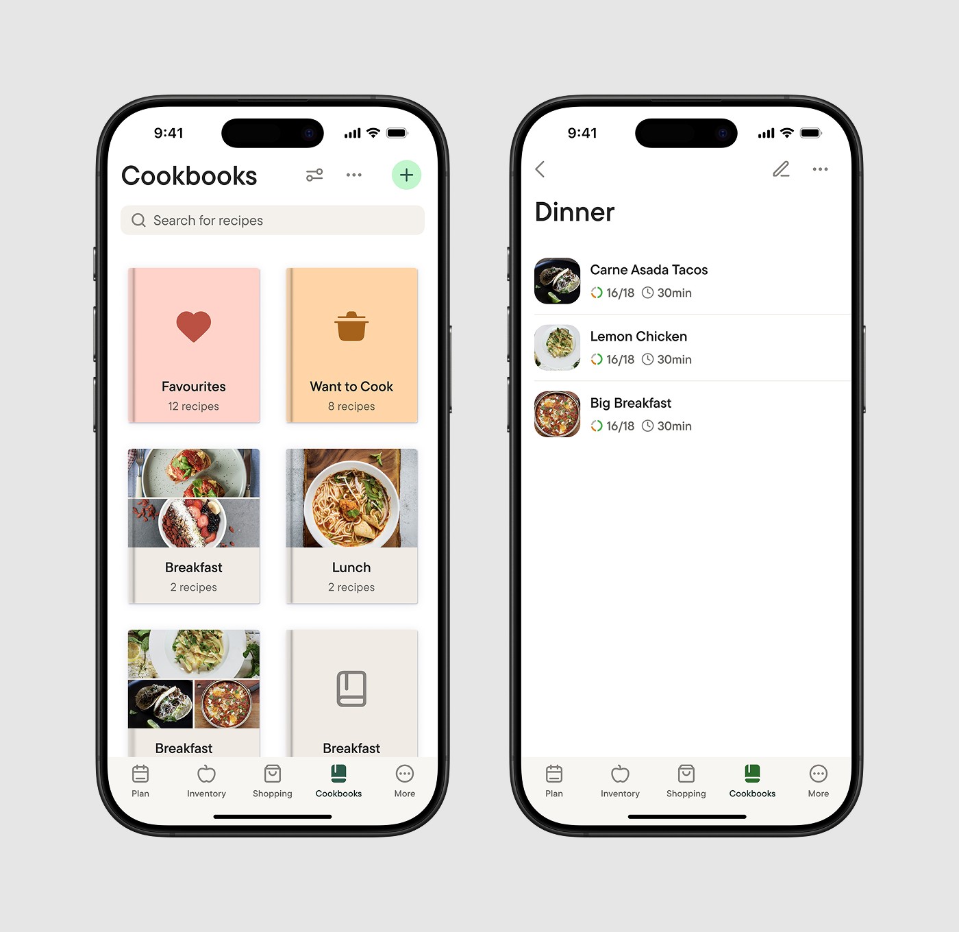 Cookbooks and Cookbook Detail (Dinner) screens.