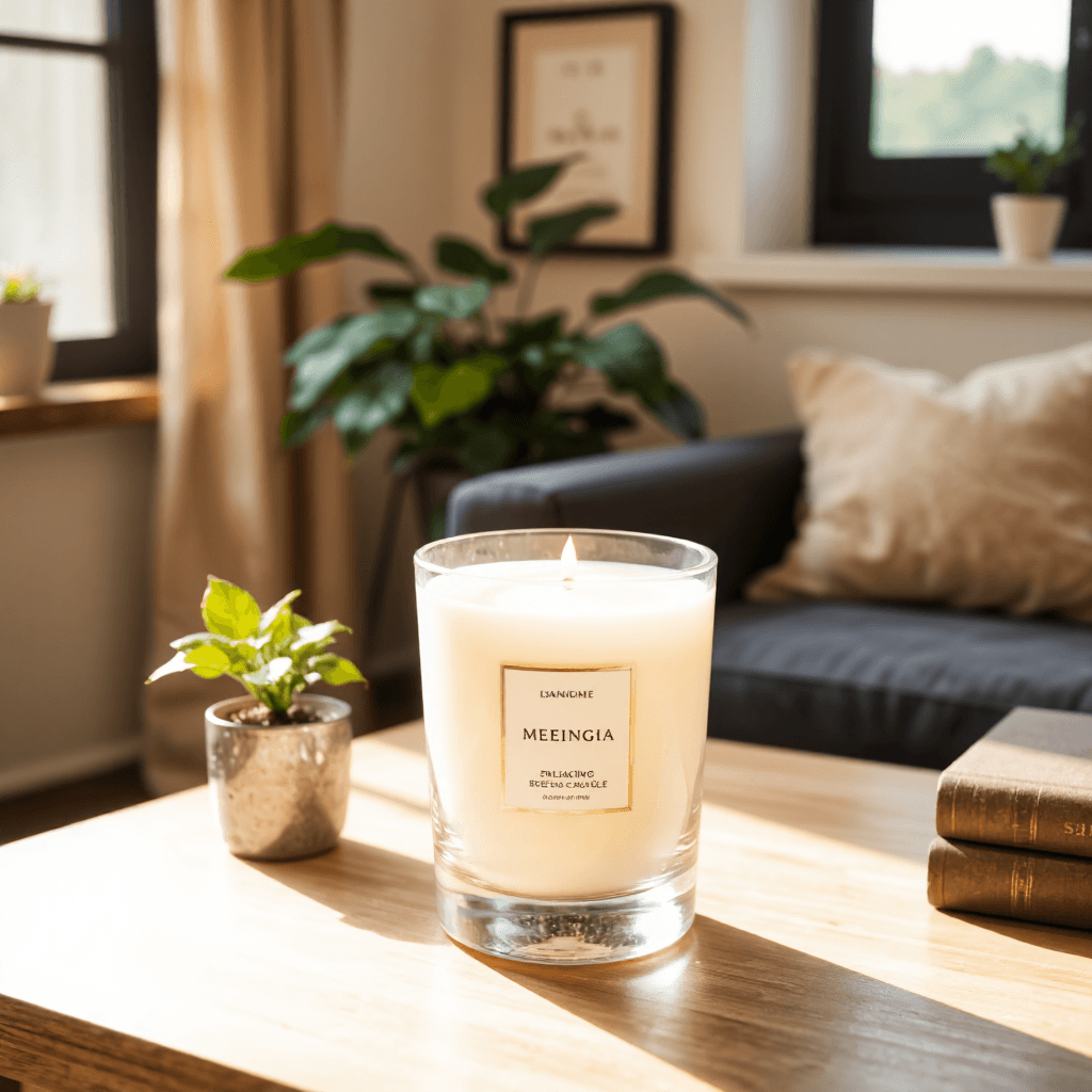 product photography of a scented candle in a glass container