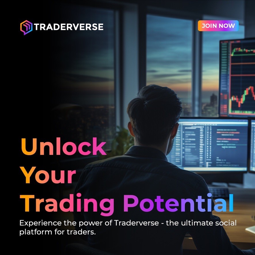 "Unlock Your Trading Potential" Traderverse promotional graphic with gold text on dark background