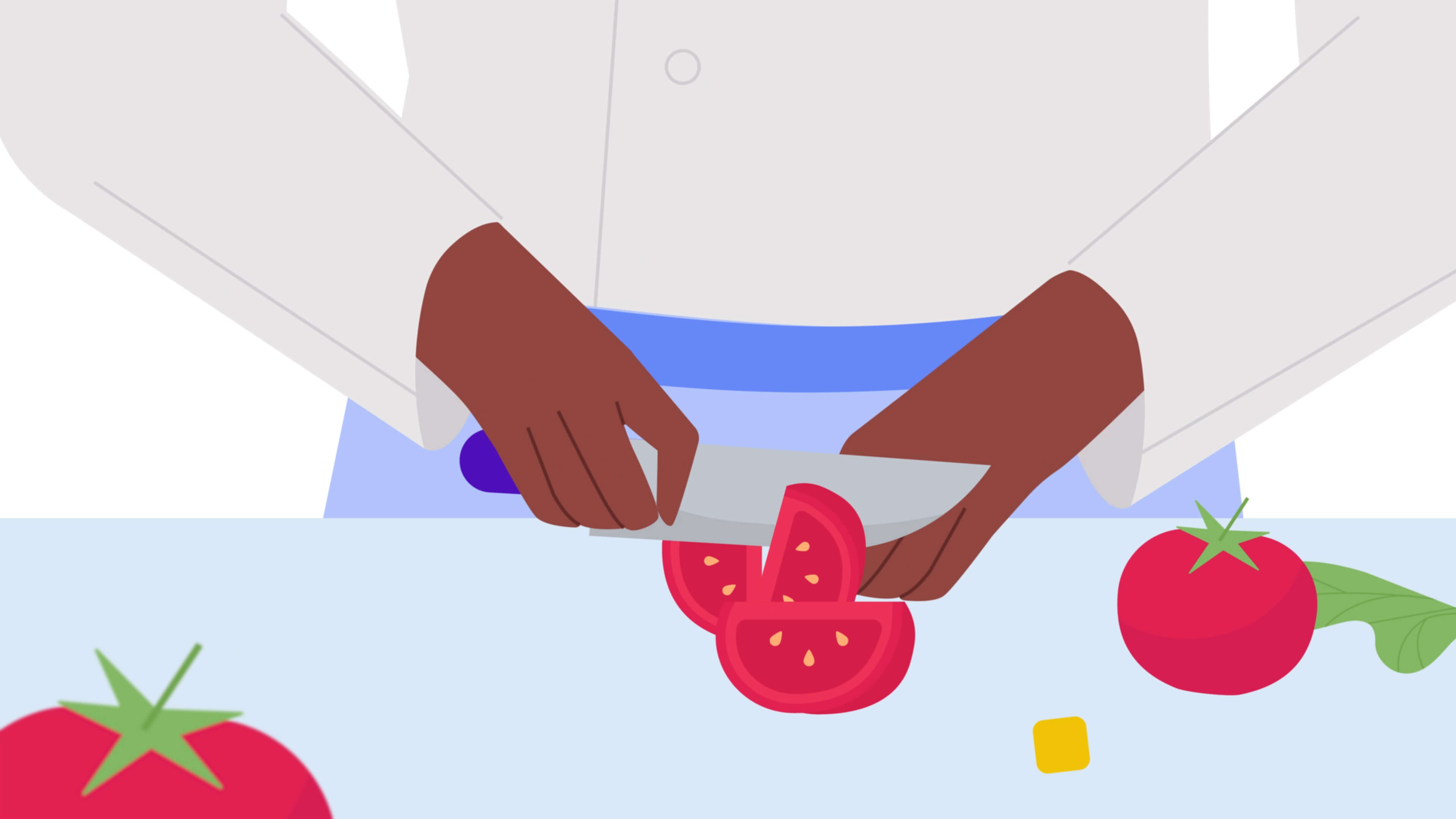 colourful illustration in a simplified style of hands cutting tomato on the cutting board with a big knife