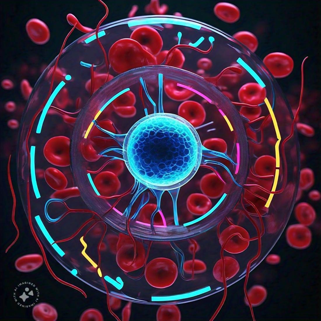 A cell structure with red blood cellsDescription automatically generated