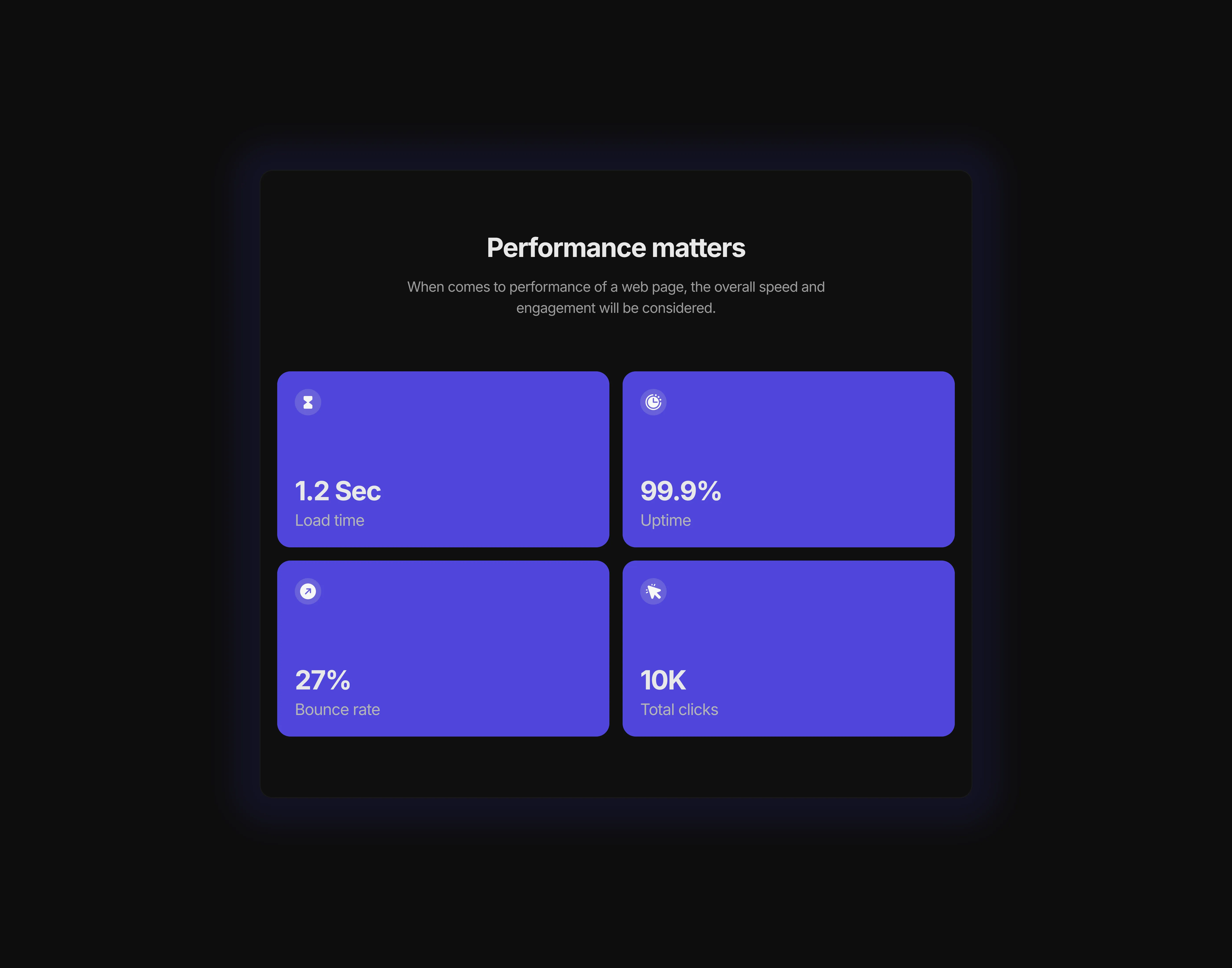 A dark themed stats section with stats cards in blue color, optimized for tablet devices
