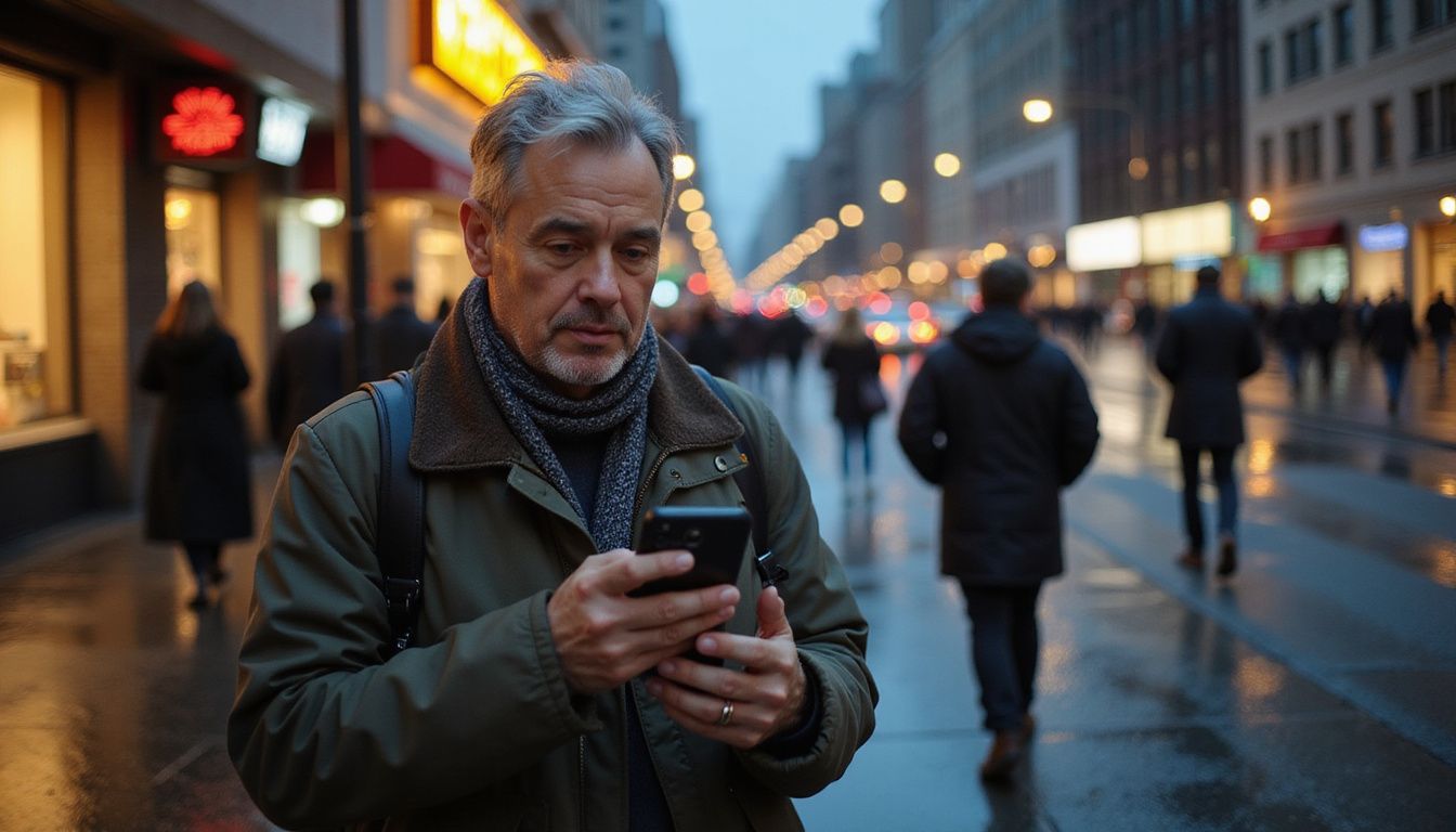 A middle-aged person checks Google Maps while walking briskly in a crowd.