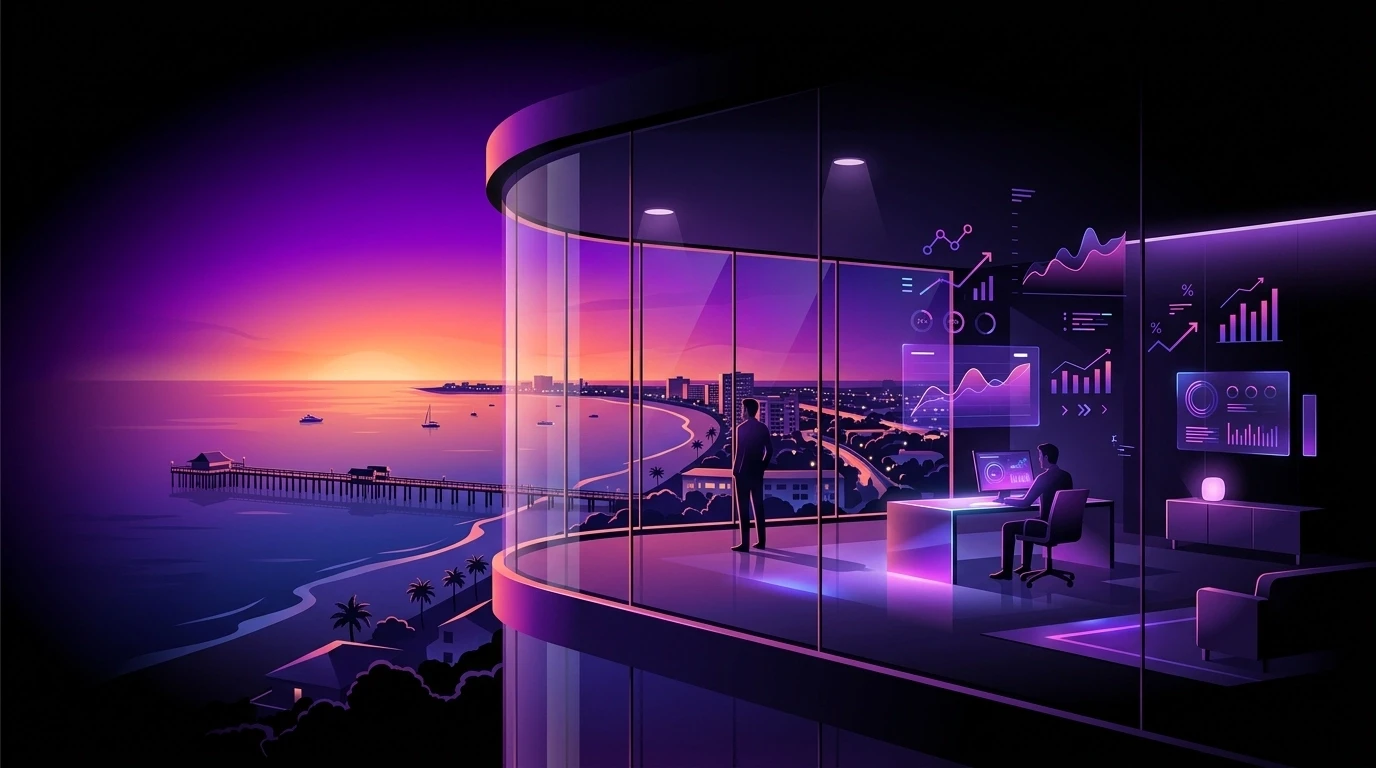 a large glass room overlooking a pier and beach with a sleek purple glow and modern style