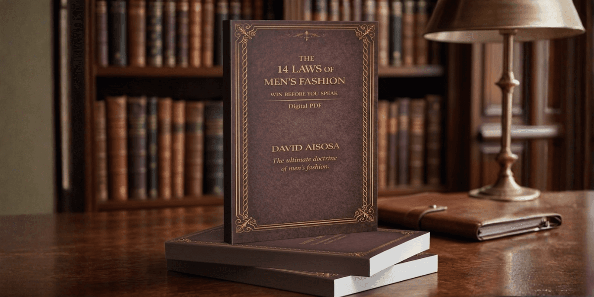 A stylish book titled "The 14 Laws of Men's Fashion" stands on a wooden table, with a classic leather-bound cover, surrounded by an elegant library setting.