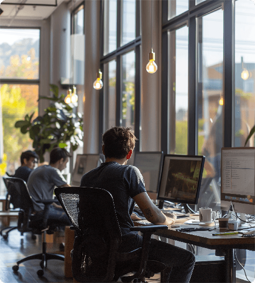 Webdesigner og SEO-specialist fra NordicWebDesign arbejder ved computeren for at skabe digital vækst for en dansk håndværker.