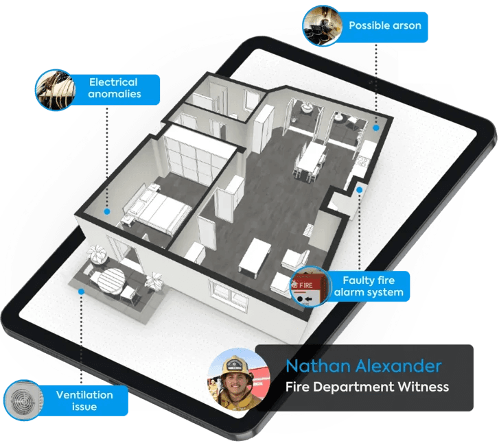 magic plan 3D floor plan identifying possible arson, electrical anomalies, ventilation issues, and fire alarm failures