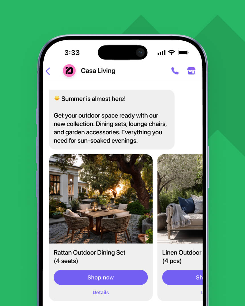 Viber messaging campaign showcasing a personalized, new collection message, targeting women, from a home and garden e-commerce store.